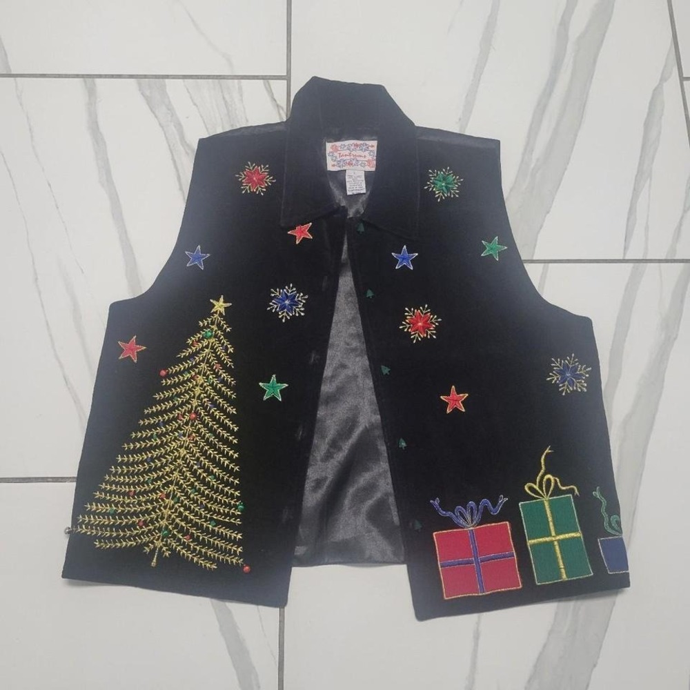 Black velvet Christmas tree vest with hand-embroidered details